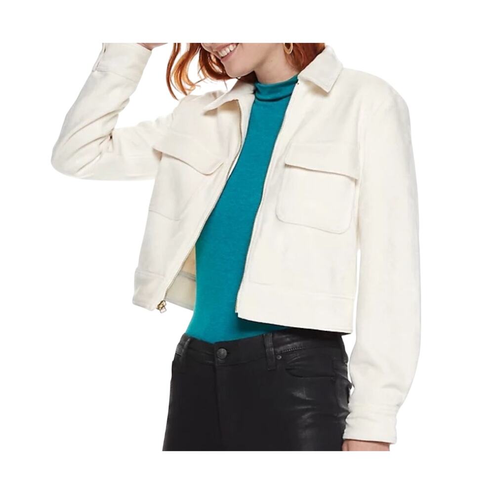 NWT Nine West Ivory Velvet Bomber Jacket size M Cropped Moto 90s Style